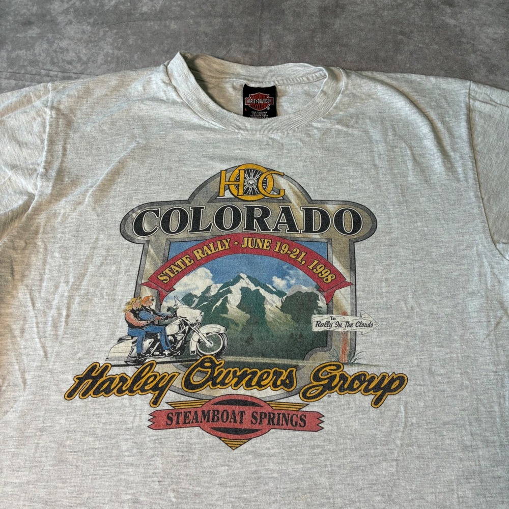 Vintage 1998 Harley Davidson HOG Colorado State Rally T-Shirt Gray Large USA